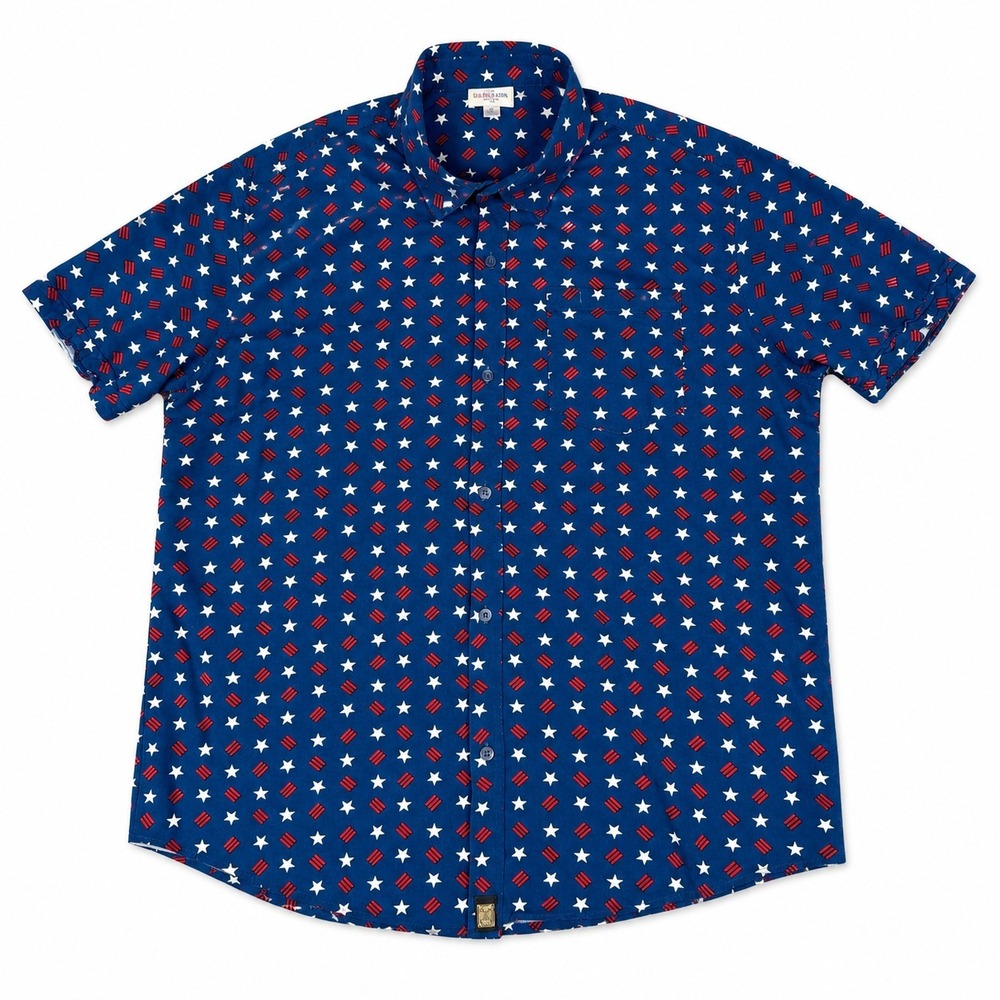 LuLaRoe Mens XL Patriotic Stars Stripes Button Up Shirt Blue Rayon Short Sleeve